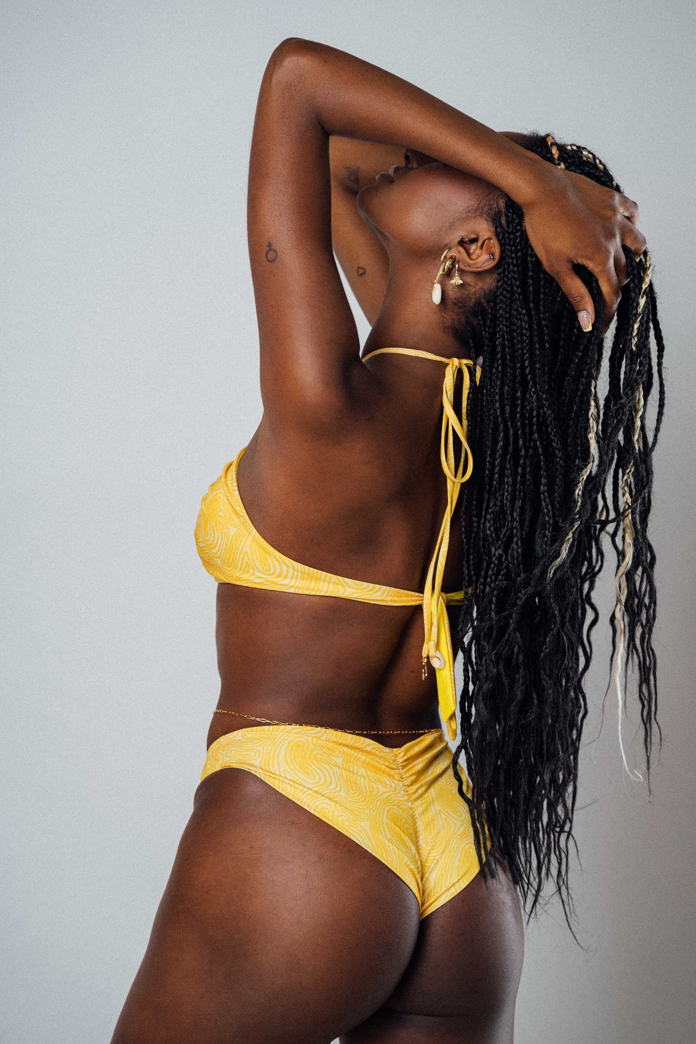 delilah scrunch back cheeky bikini bottom retro yellow swirl print